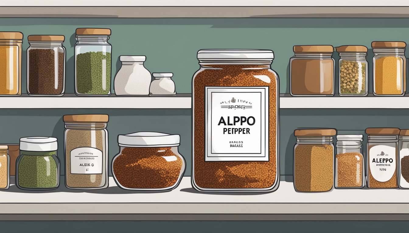 A small jar of Aleppo pepper flakes sits on a kitchen shelf, surrounded by other spices and herbs. The jar is labeled with the expiration date, indicating its lifespan