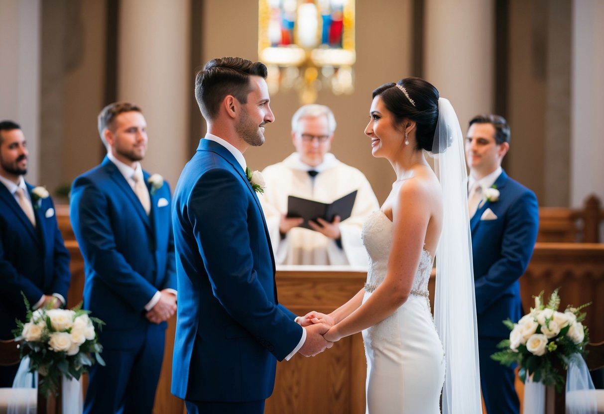 A bride and groom stand facing each other at the altar, ready to exchange vows. The officiant waits expectantly as they prepare to speak their "I do's."