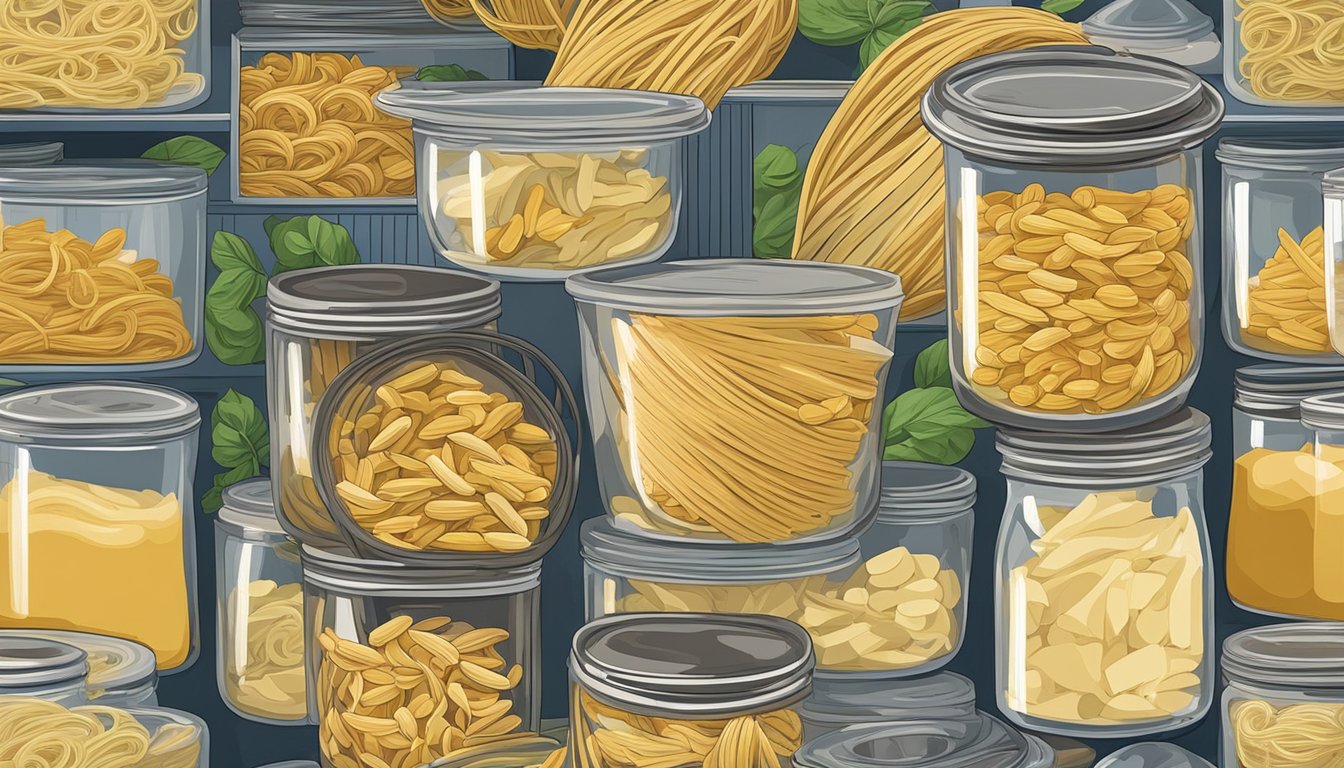 A bundle of angel hair pasta sits in an open pantry, surrounded by other dry goods