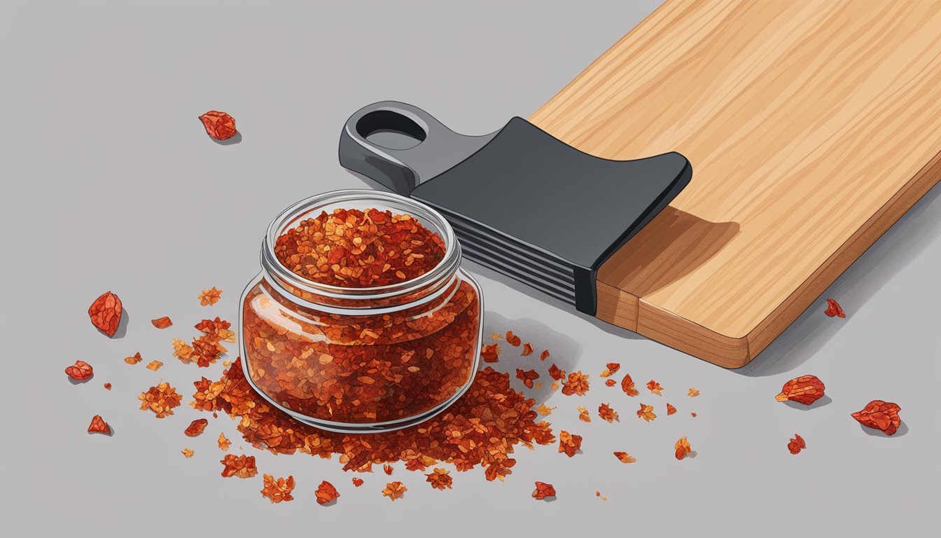 A small jar of Aleppo pepper flakes sits on a kitchen counter, next to a cutting board and a knife. The vibrant red flakes are ready to be added to a dish