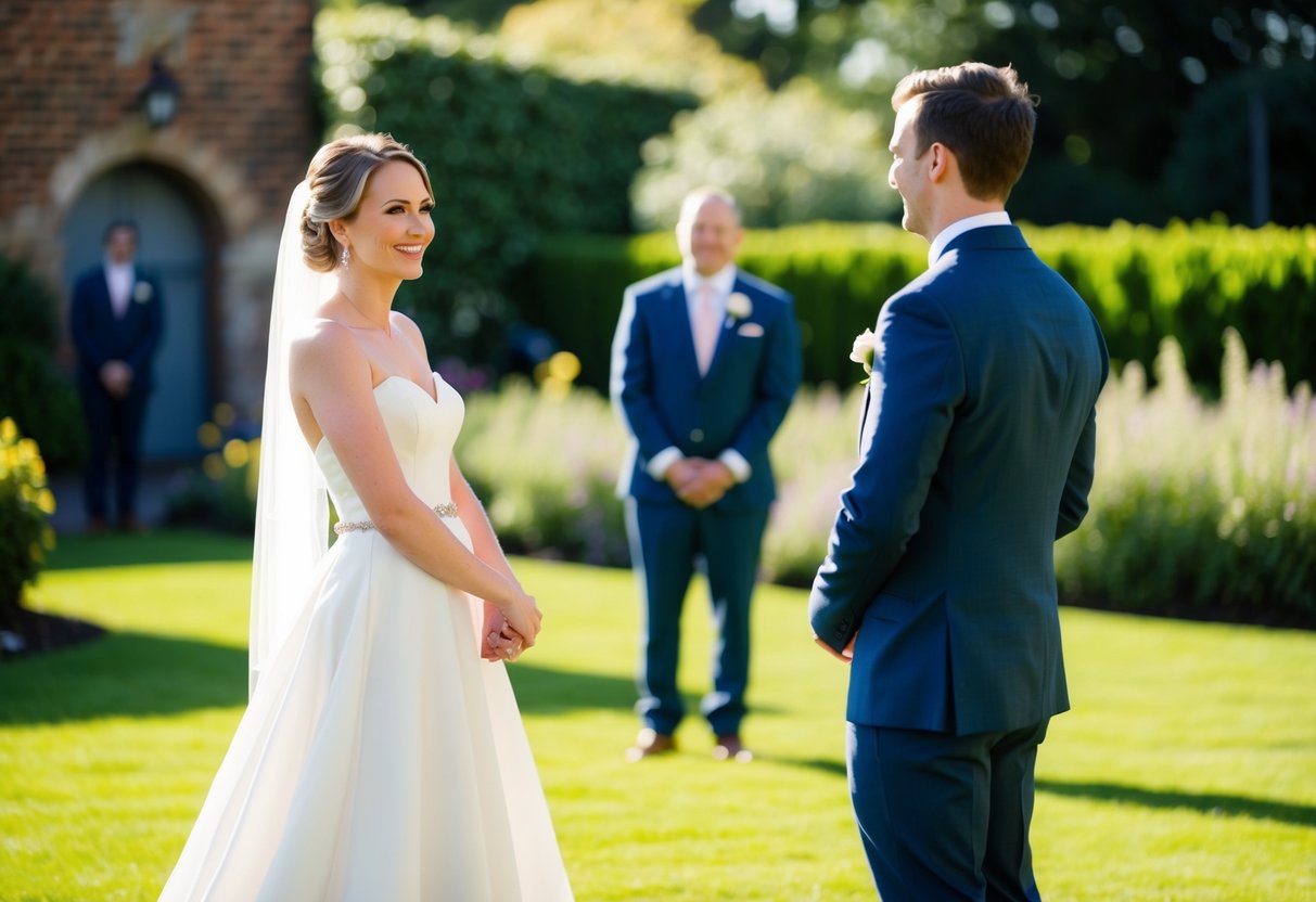 A bride stands in a sunlit garden, a soft smile on her face as she turns to see her groom for the first time