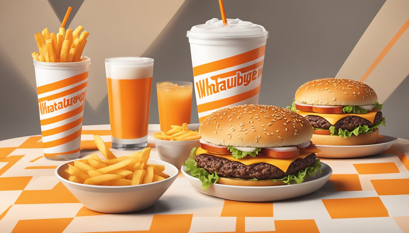 A Whataburger meal, including a burger, fries, and drink, displayed with the brand logo and marketing materials in the background