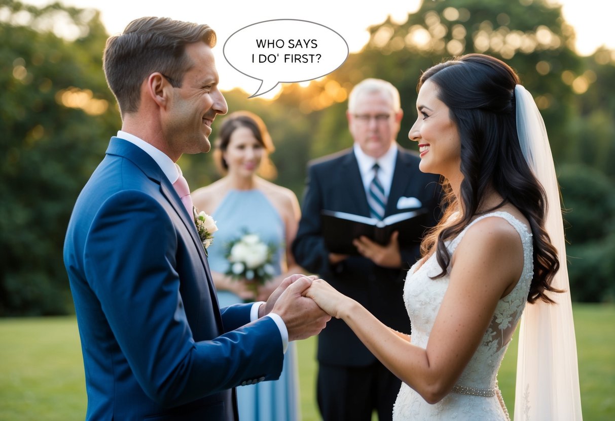 A couple standing face to face, holding hands, with a wedding officiant in the background. The officiant is asking, "Who says 'I do' first?"