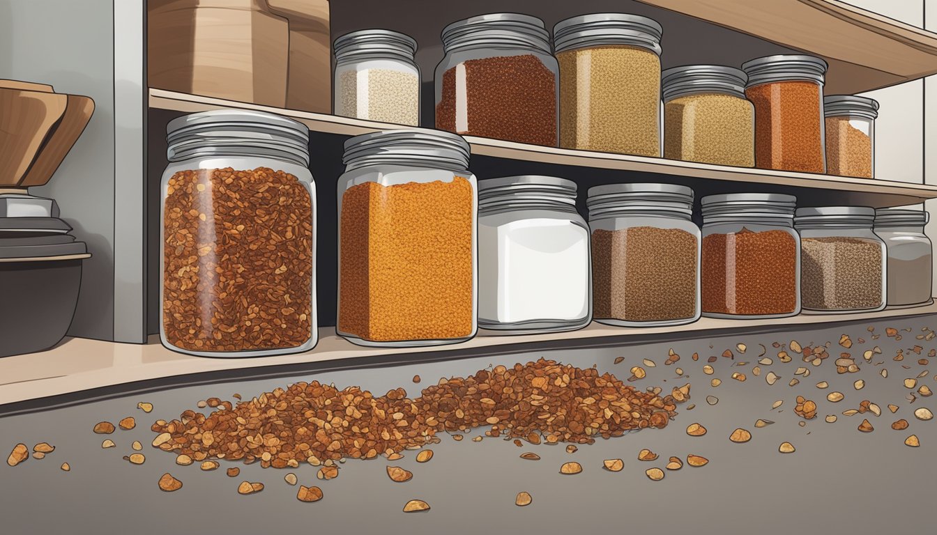 A jar of Aleppo pepper flakes sits on a shelf next to other types of pepper flakes. Some jars are full, while others are nearly empty