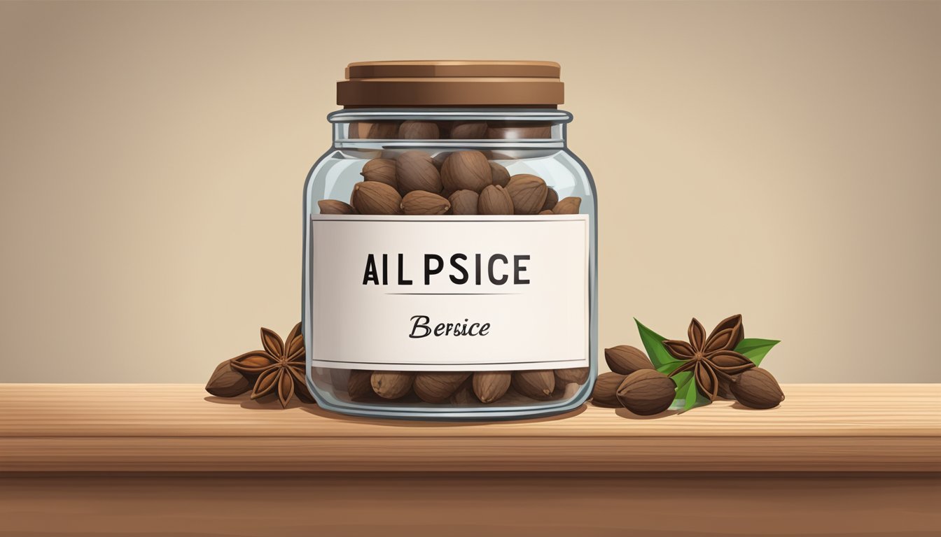 A glass jar filled with allspice berries sitting on a wooden shelf, with a label indicating the date of purchase