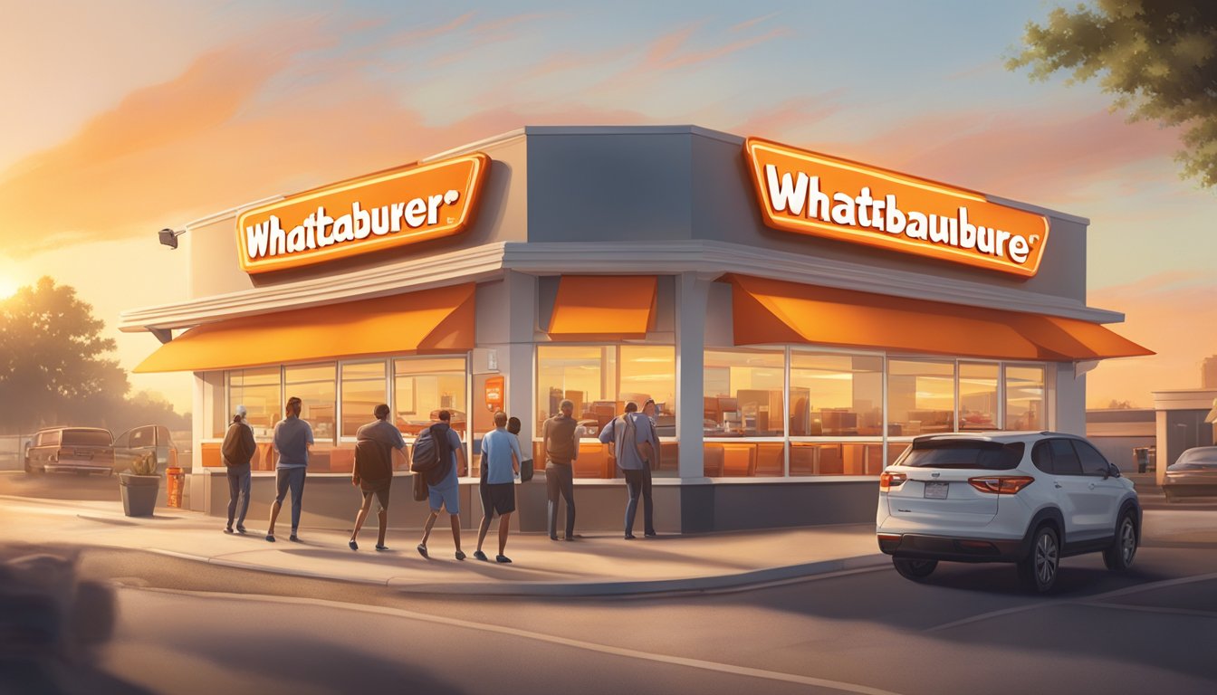 Customers entering Whataburger during breakfast hours, with the sun rising in the background and the smell of sizzling bacon and coffee filling the air