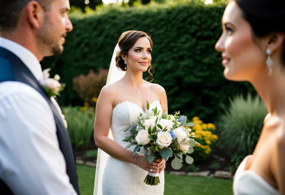A bride stands in a garden, holding a bouquet. She gazes ahead with anticipation, waiting for her partner's first look