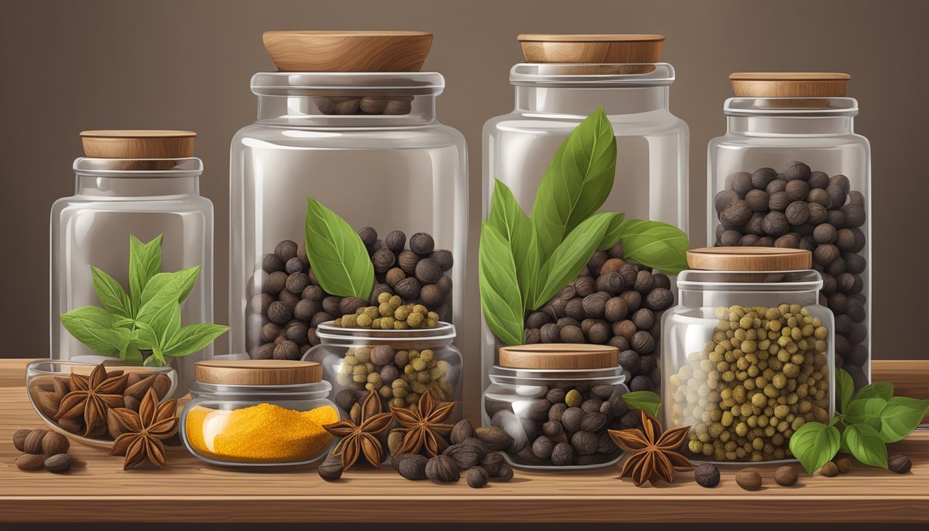 A jar of allspice berries on a rustic wooden shelf, surrounded by other spices and herbs in glass containers