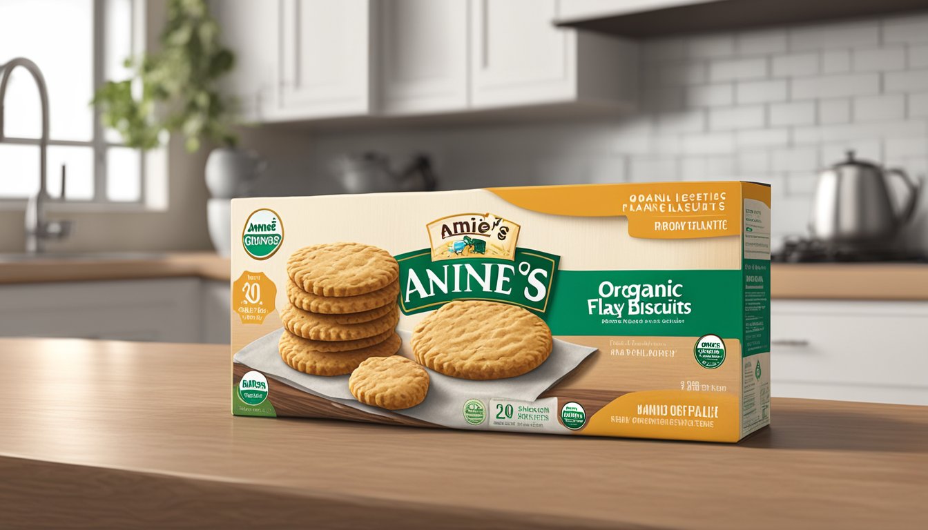 A sealed package of Annie's Organic Flaky Biscuits sits on a kitchen counter, with a clear expiration date visible