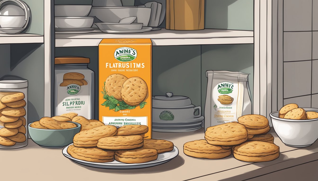 A kitchen pantry with a shelf of Annie's Organic Flaky Biscuits, expiration date visible on the packaging