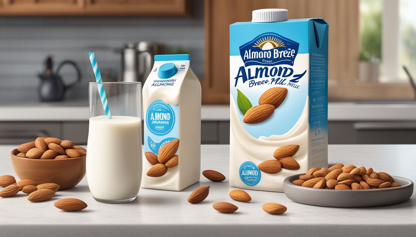 A carton of Almond Breeze Almond Milk sits on a kitchen counter, surrounded by fresh almonds and a calendar showing the expiration date