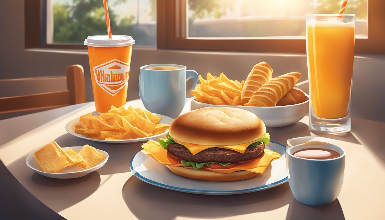 A table set with Whataburger breakfast items and drinks, with the morning sun streaming through a window