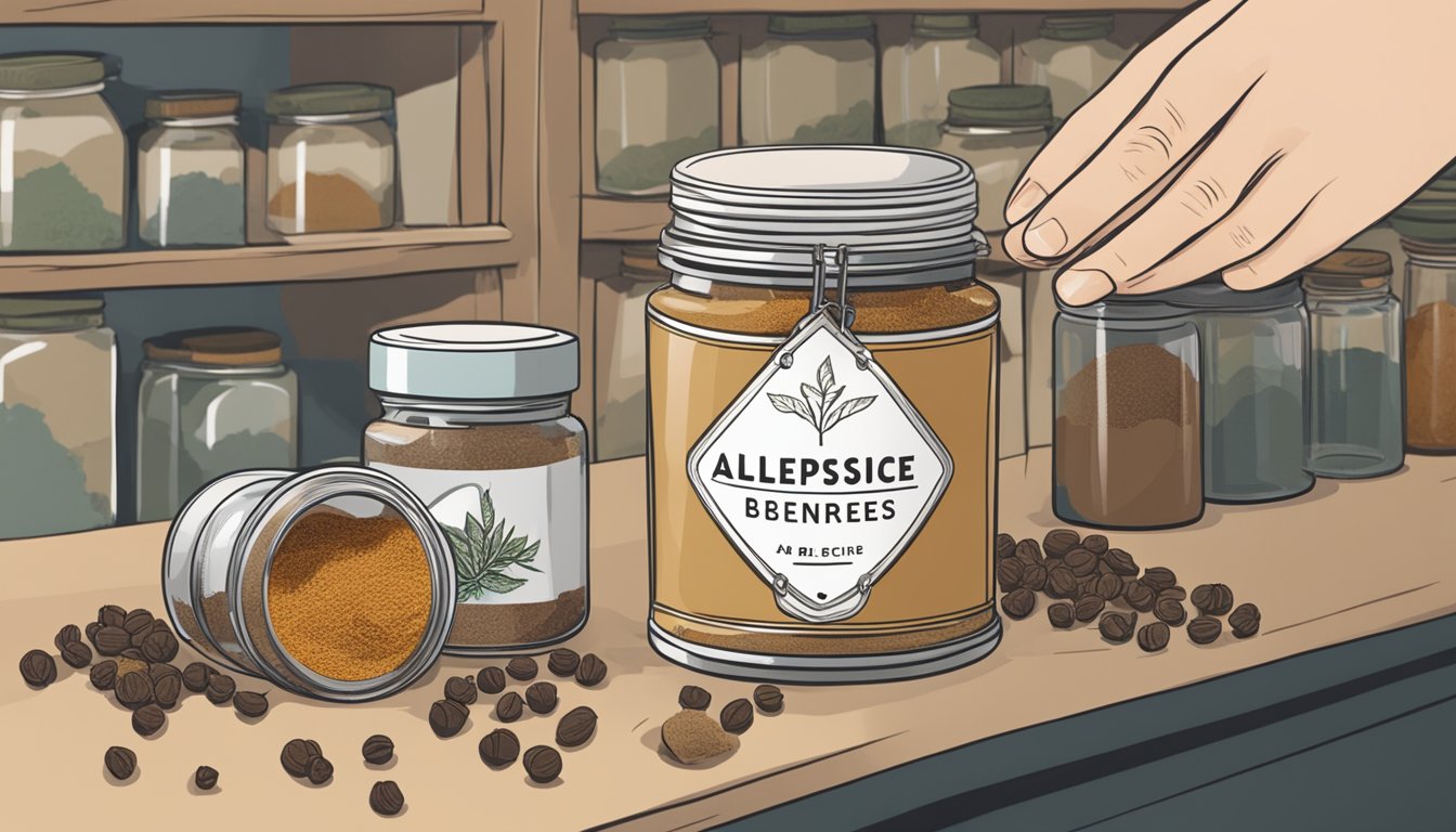 A jar of allspice berries sits on a shelf, with a label indicating the expiration date. Nearby, a person is seen using a spice grinder to create fresh allspice powder