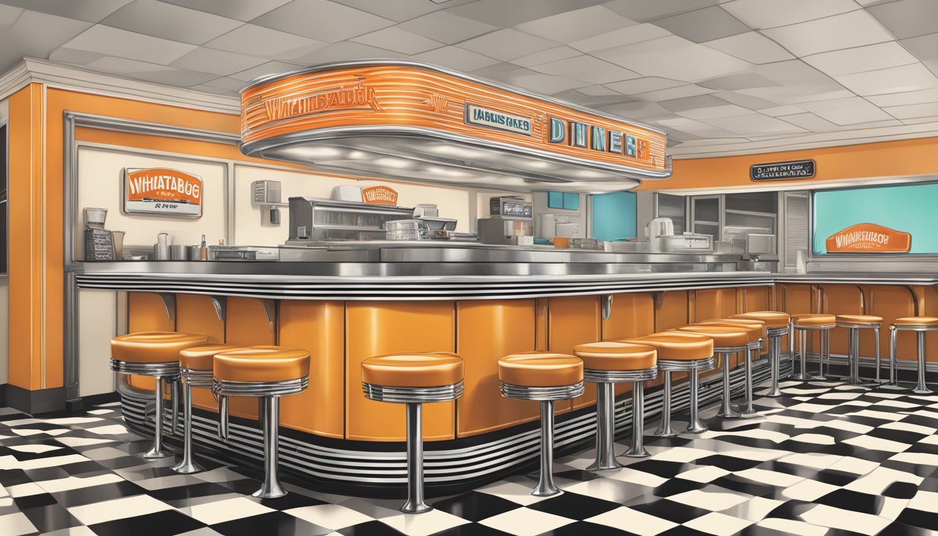 A vintage diner counter with a retro menu board and classic Whataburger branding