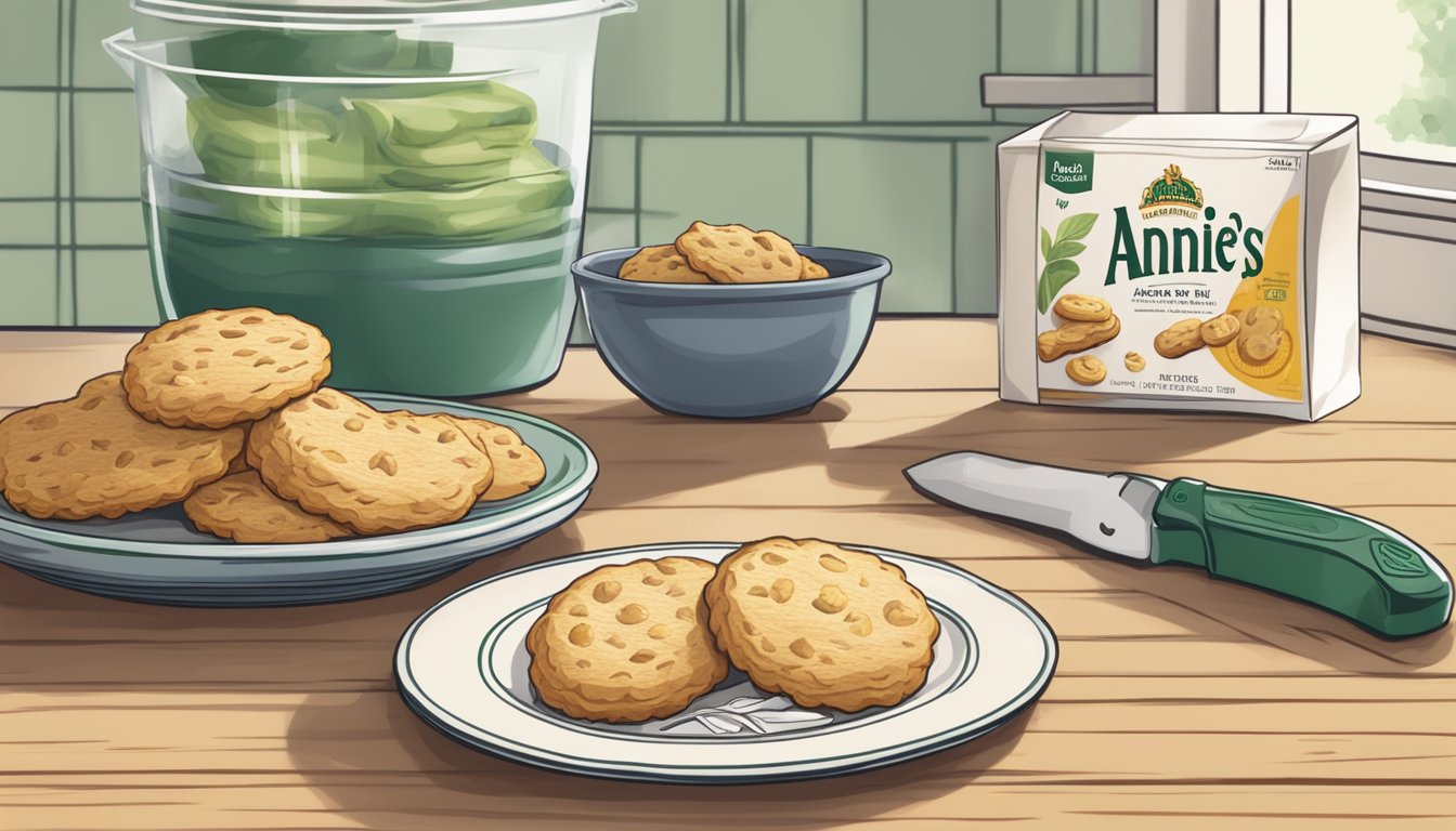 A kitchen counter with a package of Annie's Organic Flaky Biscuits, a knife, and a plate