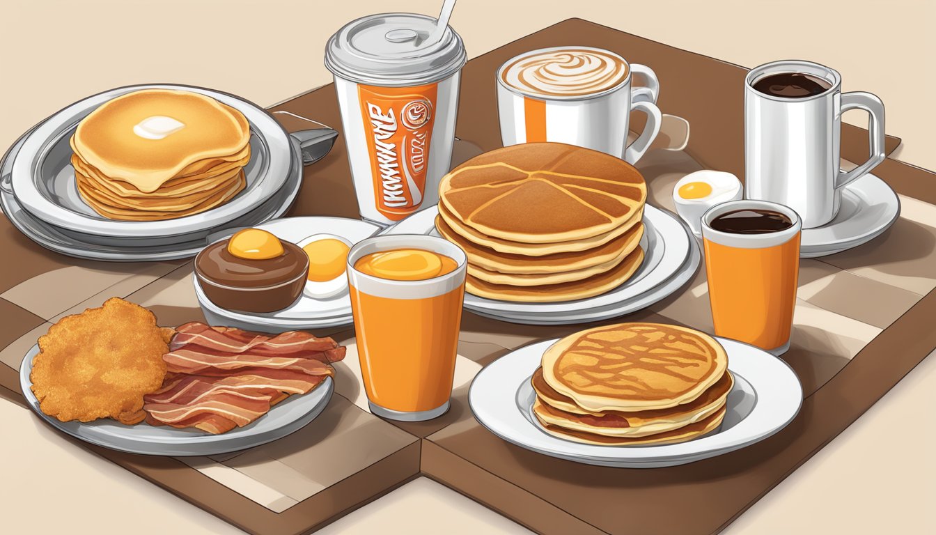 A table set with Whataburger breakfast items, including pancakes, eggs, bacon, and coffee