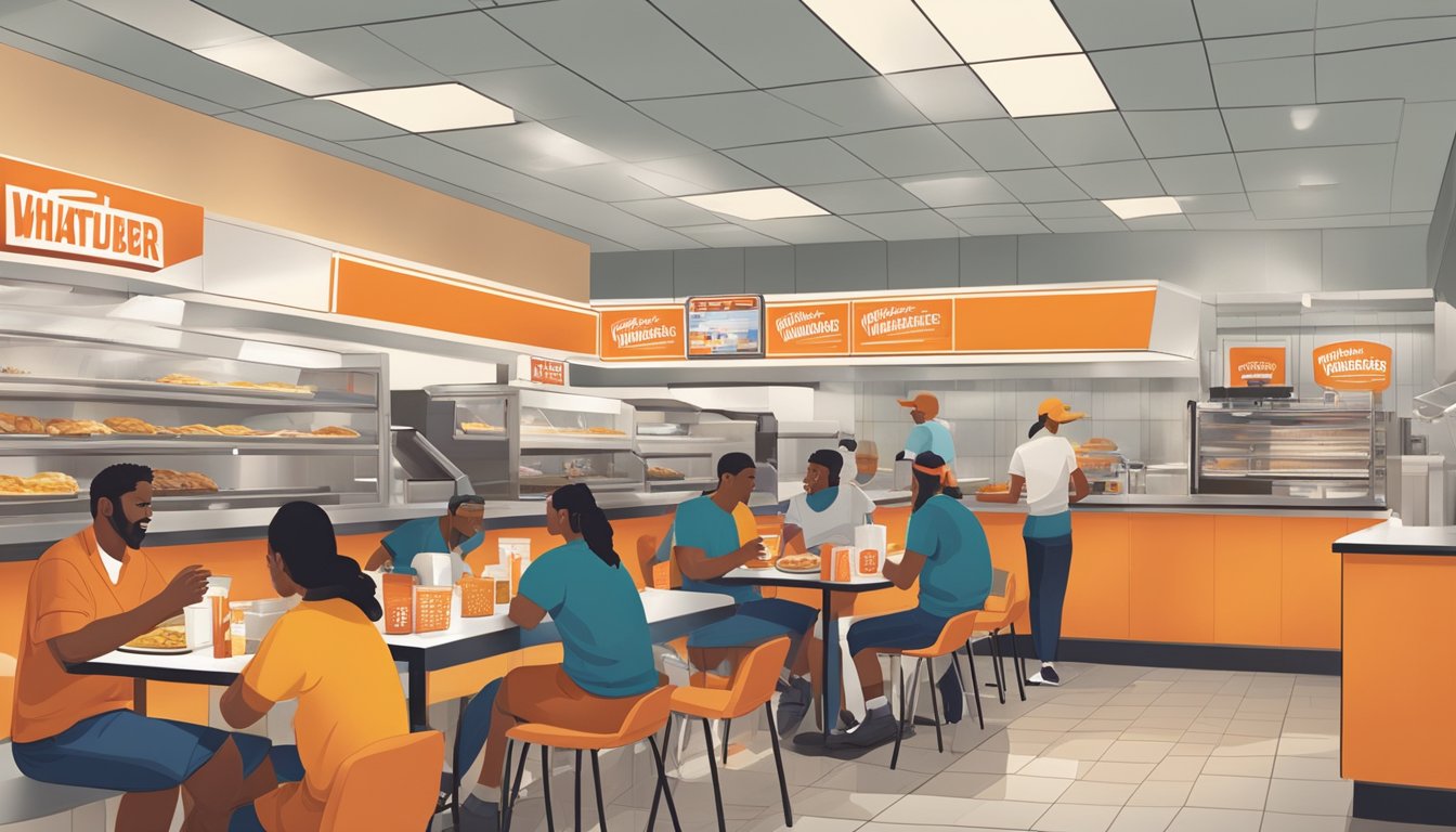 A bustling Whataburger restaurant with customers ordering breakfast items at the counter, while others sit at tables enjoying their meals. Staff members are seen preparing and serving various breakfast options