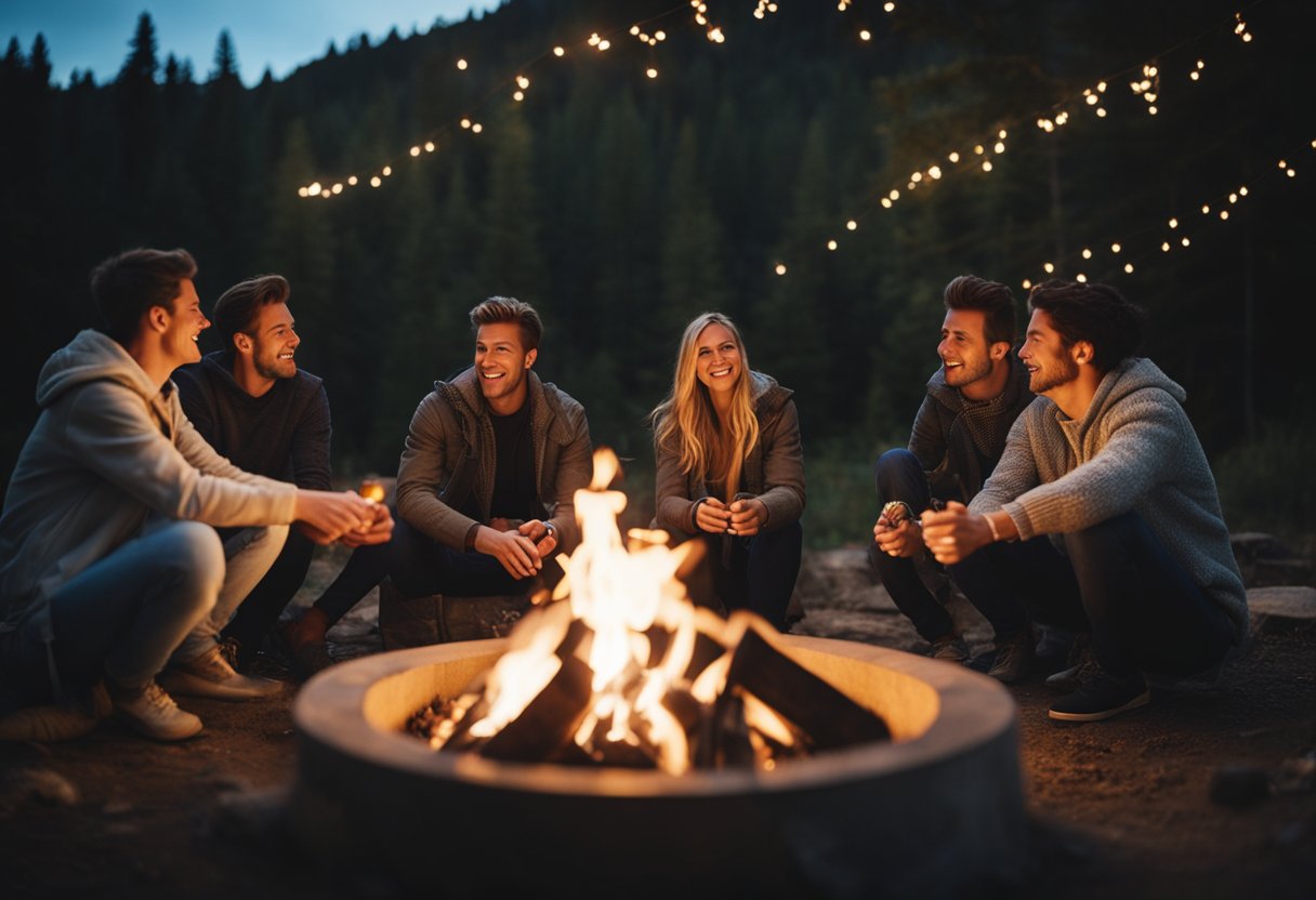 A group of friends gather around a crackling fire pit, roasting marshmallows and enjoying the warm glow on a starry night