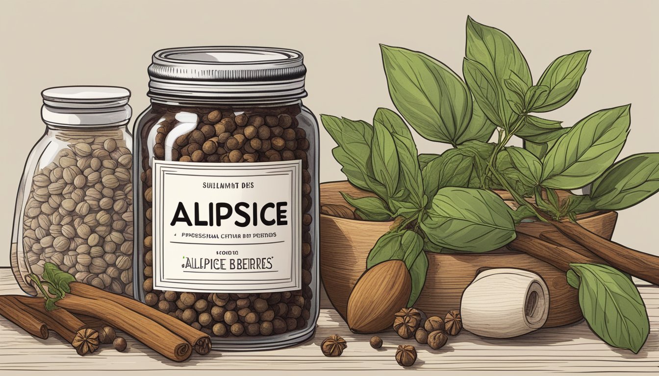 A jar of allspice berries sits on a kitchen shelf, surrounded by other spices and herbs. The label on the jar indicates the expiration date, while the berries themselves emit a warm, aromatic scent