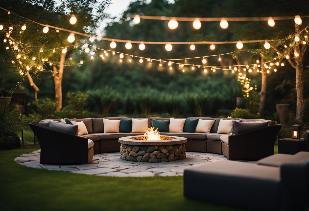 A rustic stone fire pit surrounded by cozy seating, set against a backdrop of lush greenery and twinkling string lights