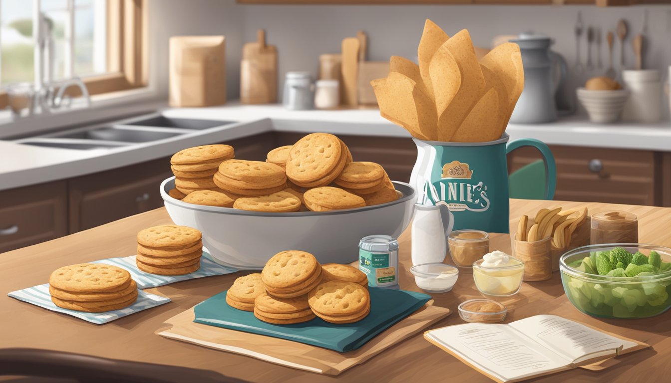 A kitchen counter with a package of Annie's Organic Flaky Biscuits, surrounded by various food items and an open cookbook