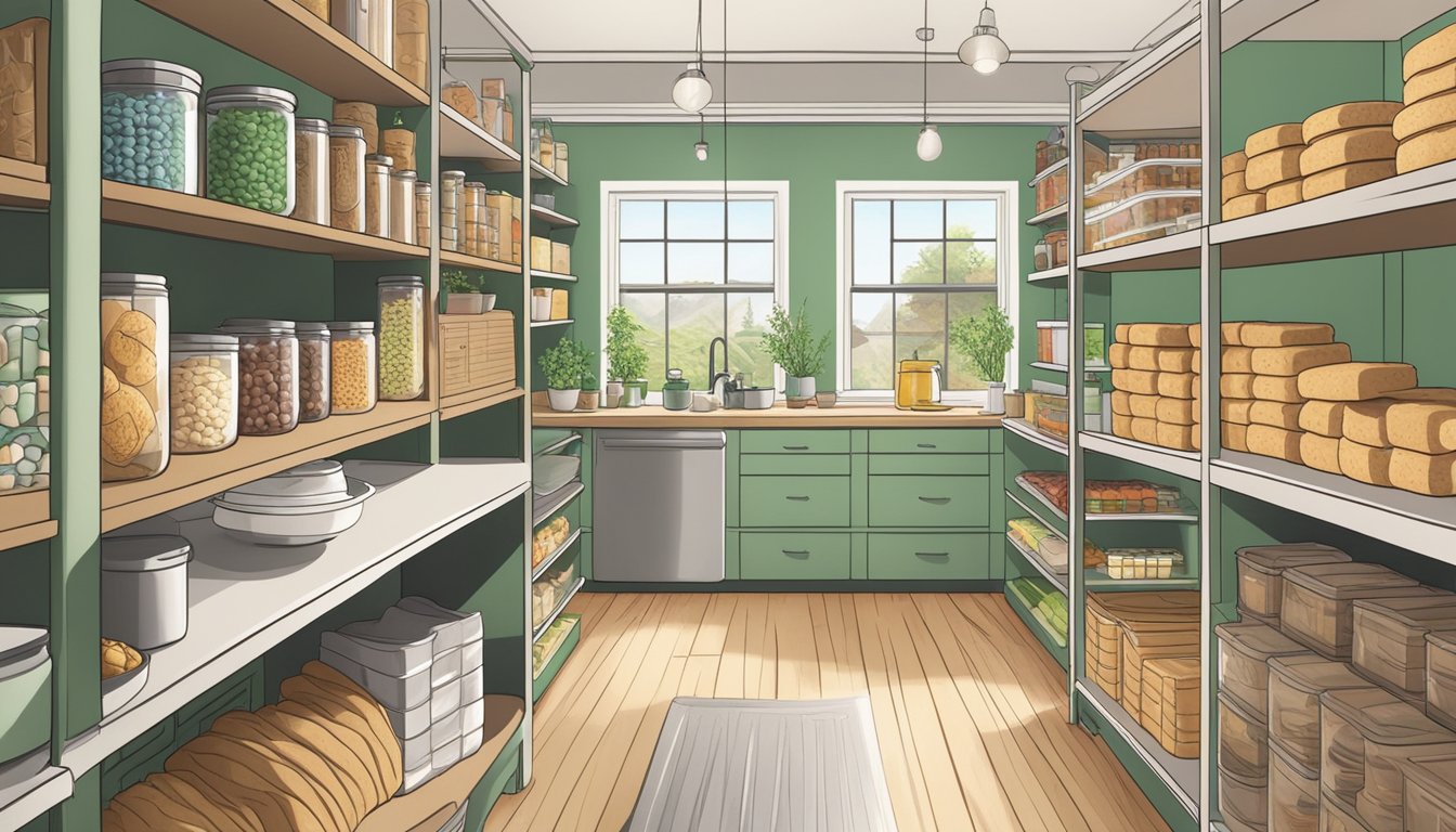 A kitchen pantry with neatly organized shelves of Annie's Organic Flaky Biscuits in their packaging, alongside other organic and environmentally friendly food products