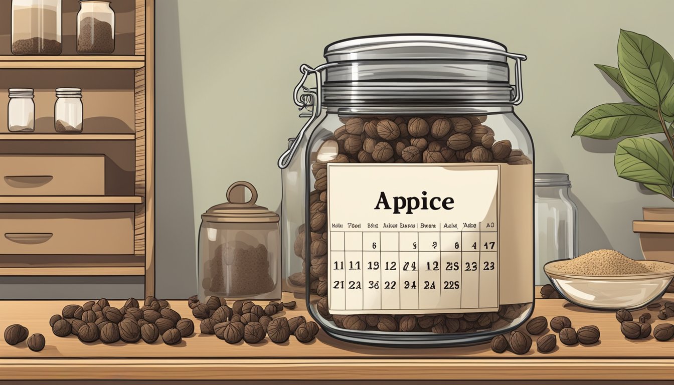 A jar of allspice berries on a kitchen shelf, with a calendar showing the current date and an expiration date marked on the jar