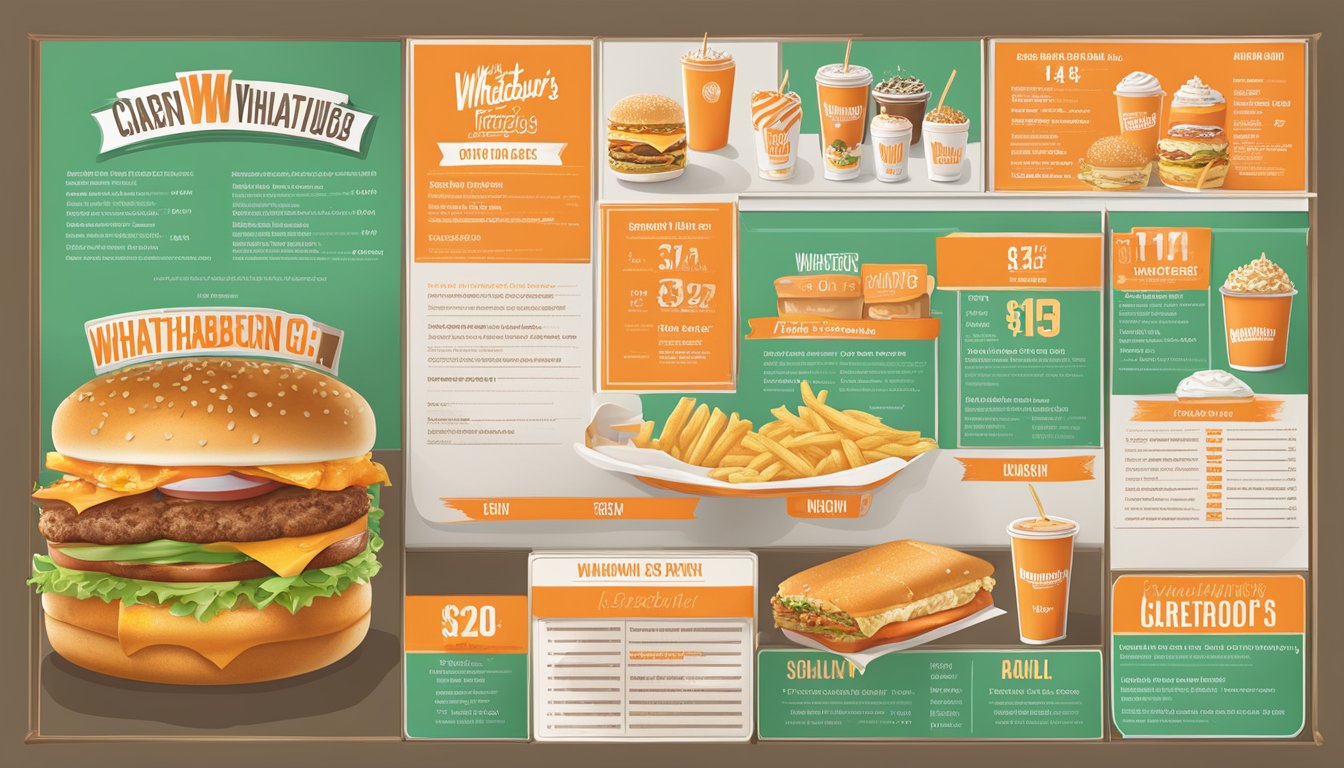 A colorful menu board featuring Whataburger's signature and seasonal items, with prices displayed