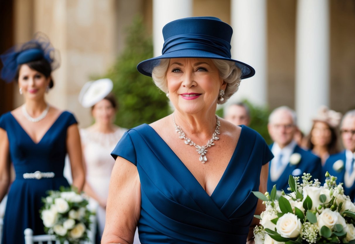 The bride's mother should wear a deep navy blue dress with a matching hat and elegant accessories