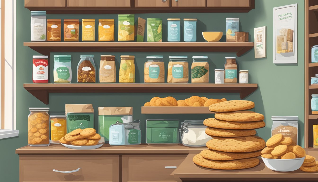 A kitchen pantry with Annie's Organic Flaky Biscuits on a shelf, surrounded by other food items