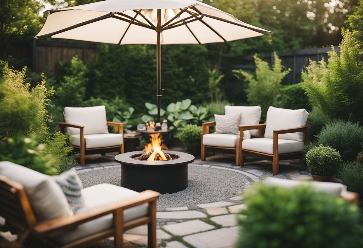 A cozy backyard with a variety of chiminea-style fire pits arranged in a circle, surrounded by comfortable seating and lush greenery