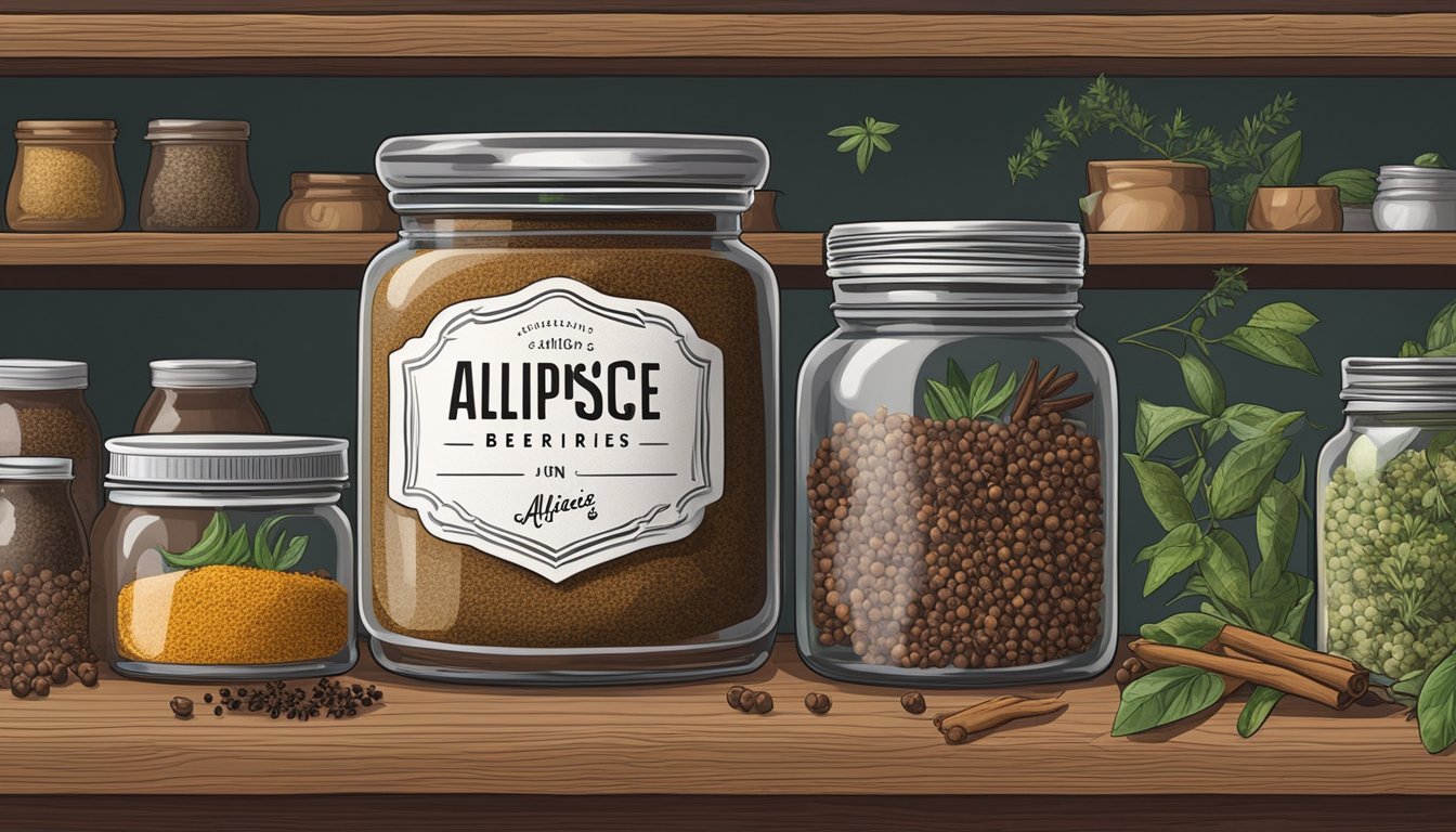 A jar of allspice berries sits on a shelf, surrounded by various other spices and herbs. The label on the jar indicates the expiration date