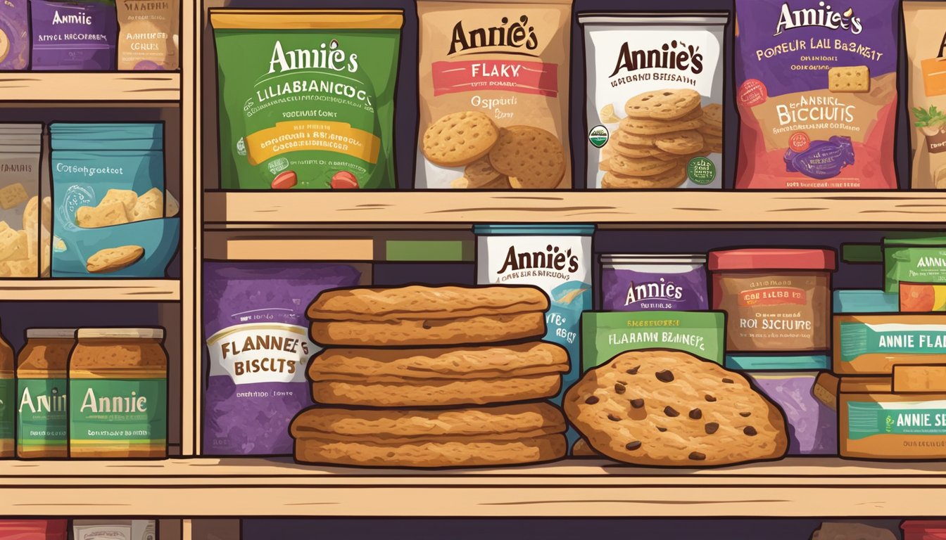 A pantry shelf with a package of Annie's Organic Flaky Biscuits, surrounded by other non-perishable food items