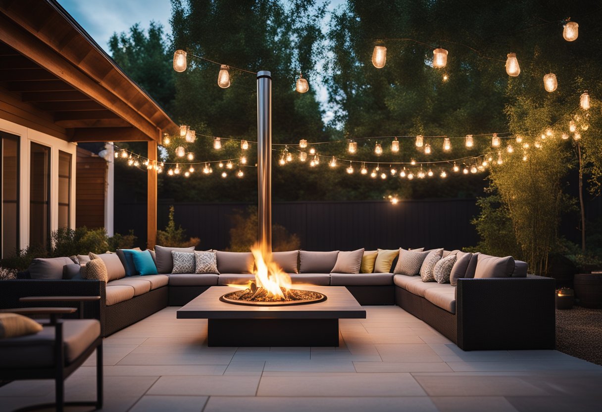 A backyard patio with a gas fire column as the focal point, surrounded by comfortable seating and illuminated by soft ambient lighting