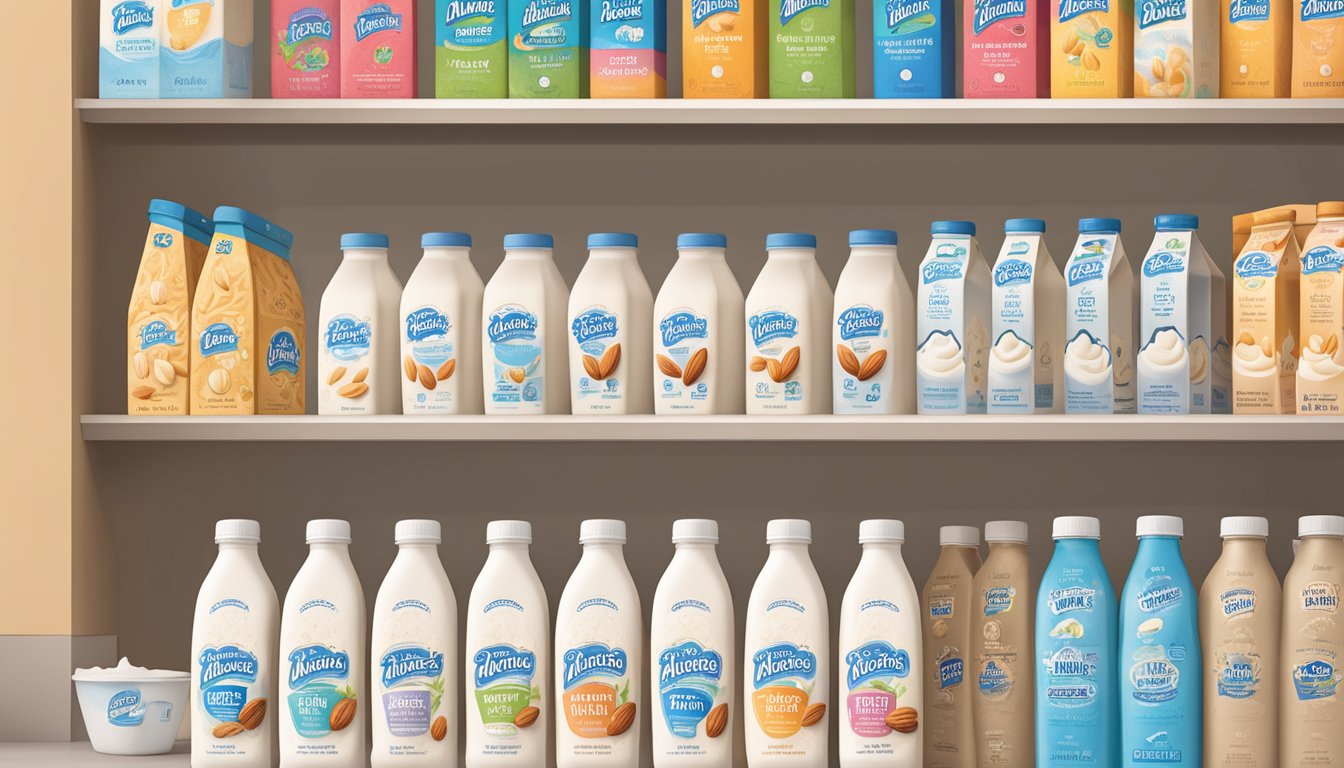 A carton of Almond Breeze Almond Milk sits on a shelf next to other alternative milk options. The label indicates the expiration date