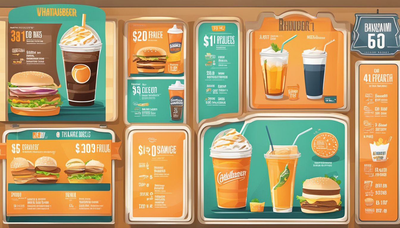 A colorful menu board displays various beverage options with corresponding prices at Whataburger