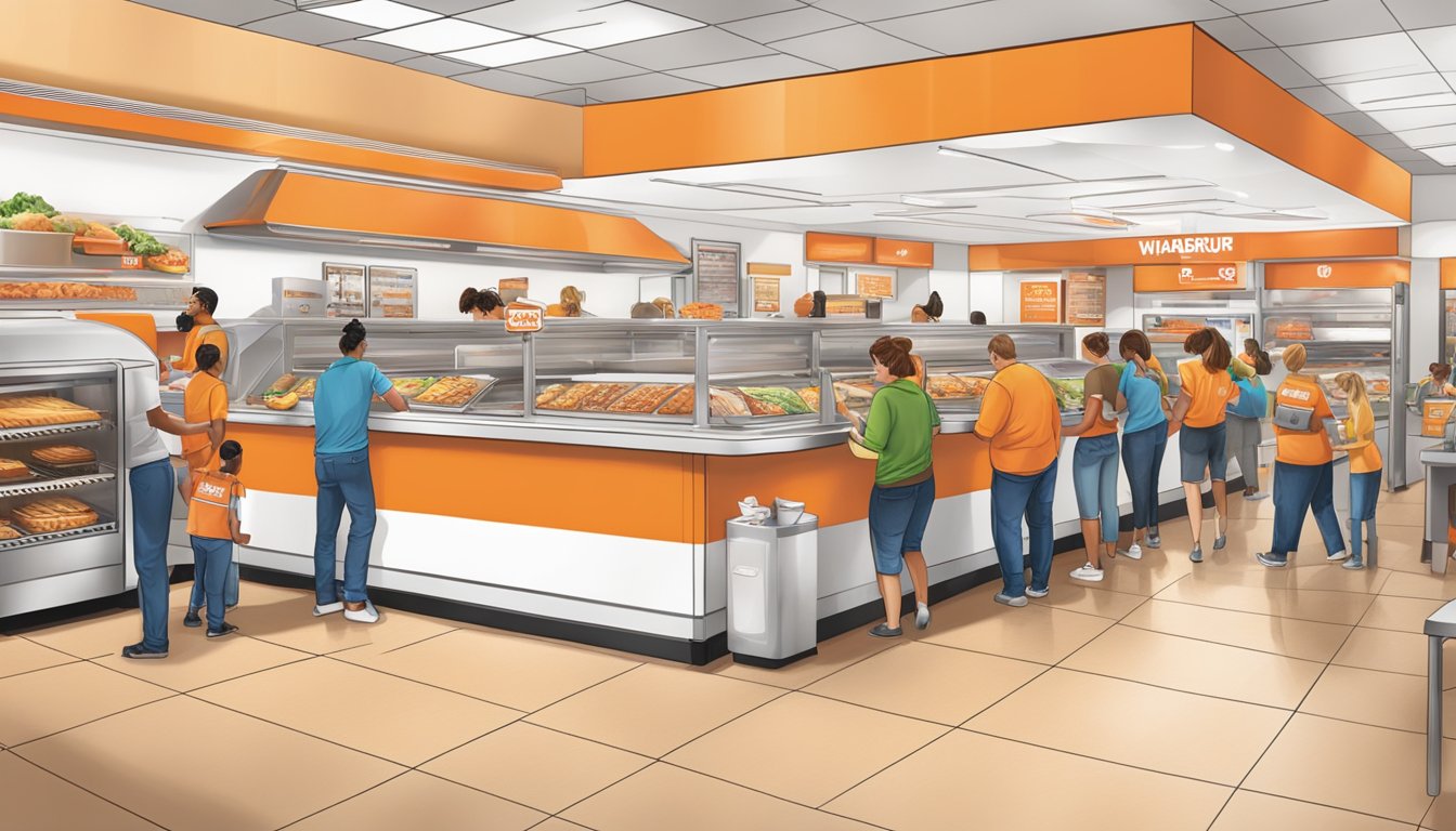 A bustling Whataburger counter with a variety of menu items on display, customers placing group orders, and staff preparing catering trays