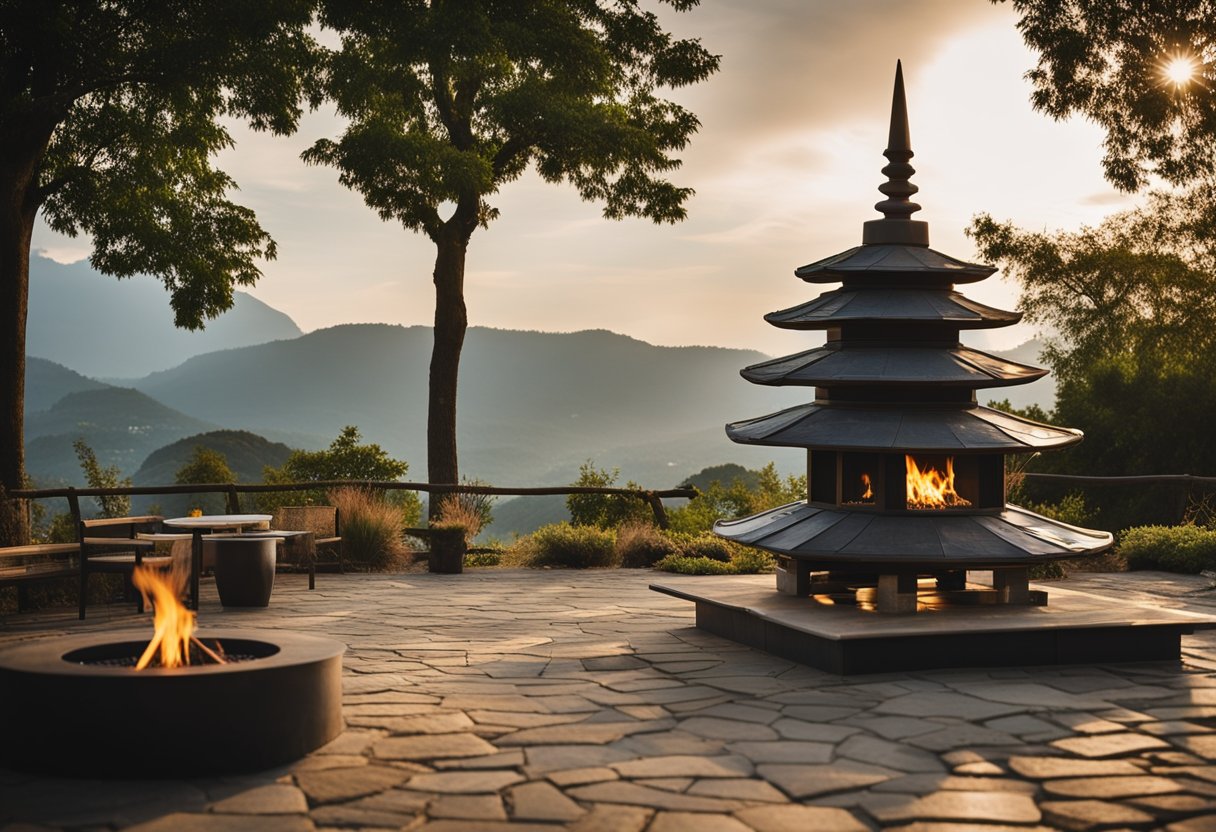 A pagoda-shaped fire pit surrounded by a variety of gas-powered fire pit designs