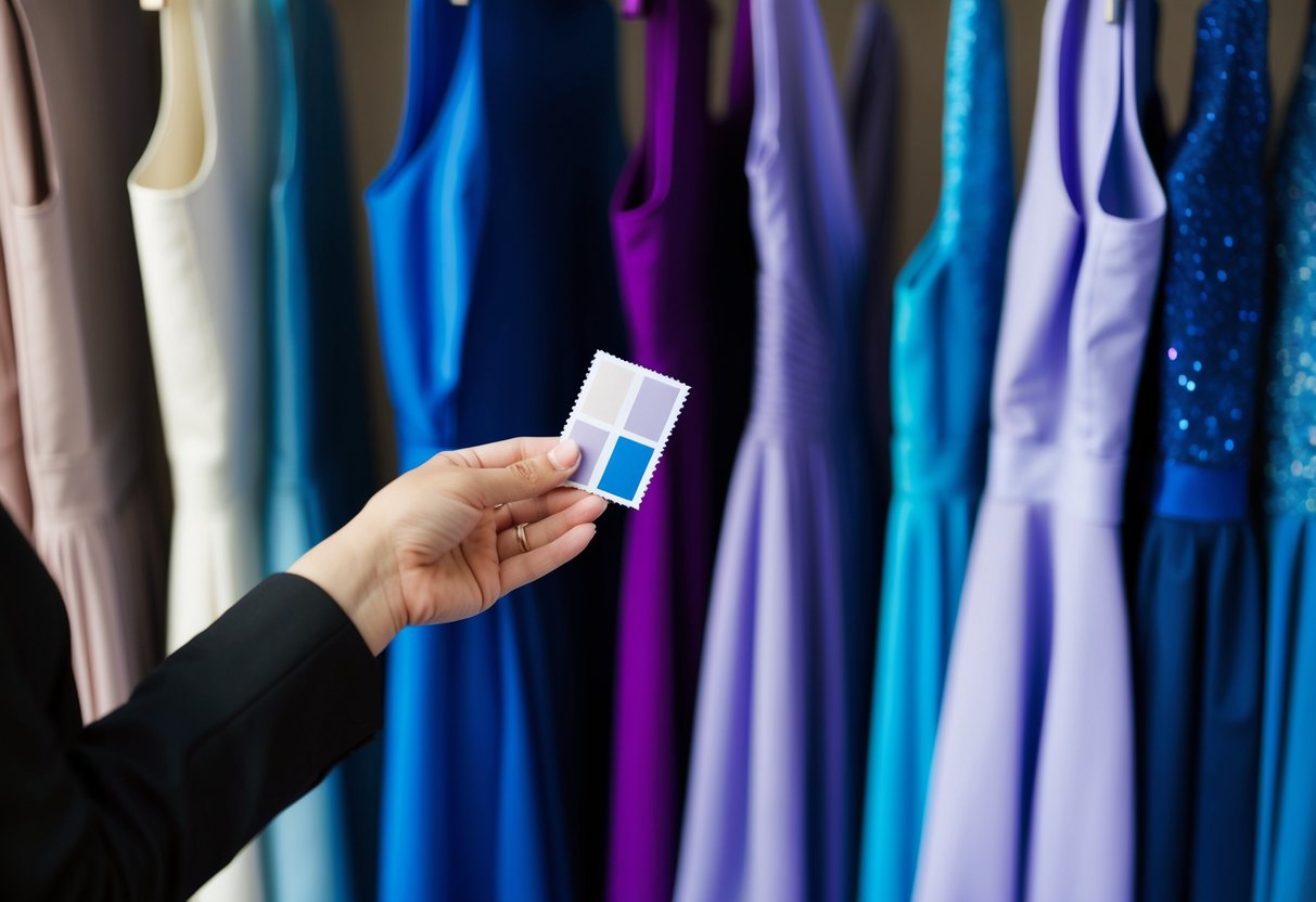 A woman's hand holding a swatch of fabric next to a rack of dresses in various shades of blue and purple