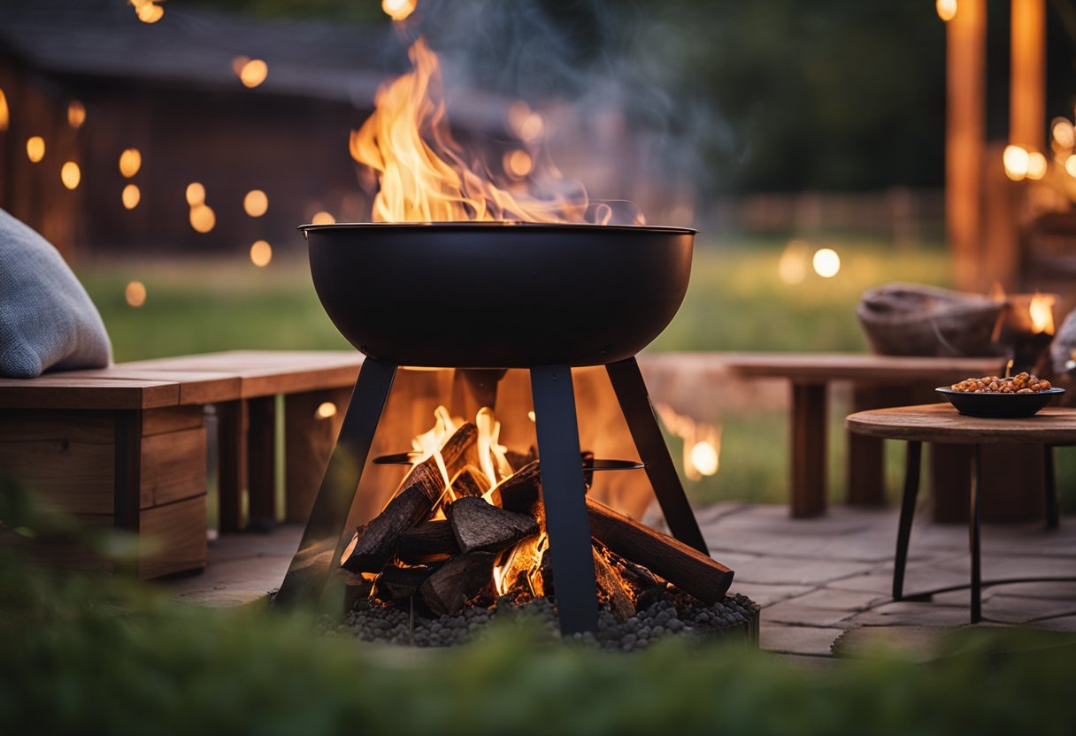 A wood-burning pit with a grill sits in a backyard, surrounded by cozy seating and illuminated by the warm glow of the flames