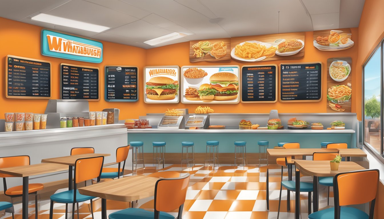 A colorful menu board with prices, featuring Whataburger's logo and various food items, displayed in a well-lit and clean restaurant setting