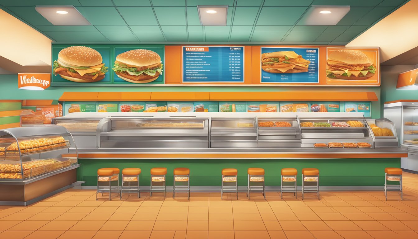 A colorful menu board displays various food offerings at Whataburger