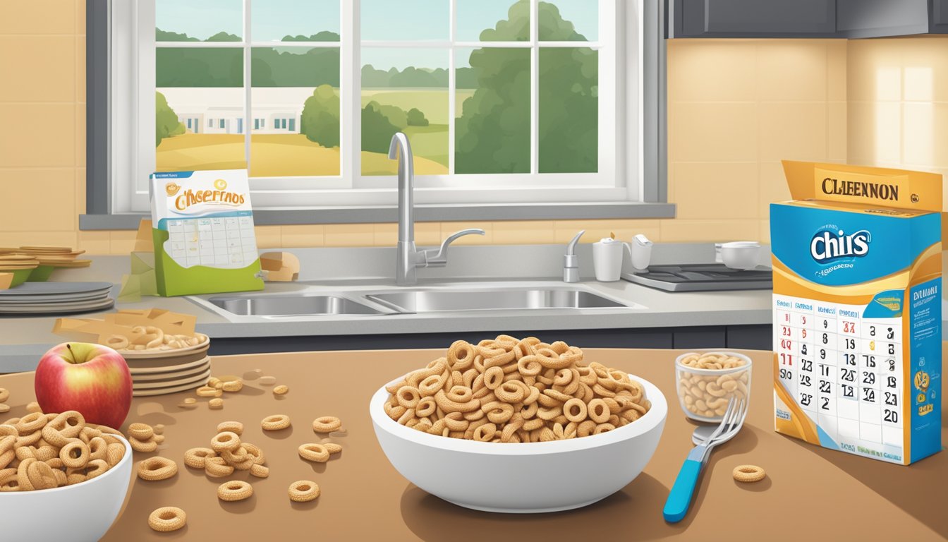 A bowl of Apple Cinnamon Cheerios sits on a kitchen counter, surrounded by a few loose Cheerios and a half-empty box. The bowl is next to a calendar with the current date circled