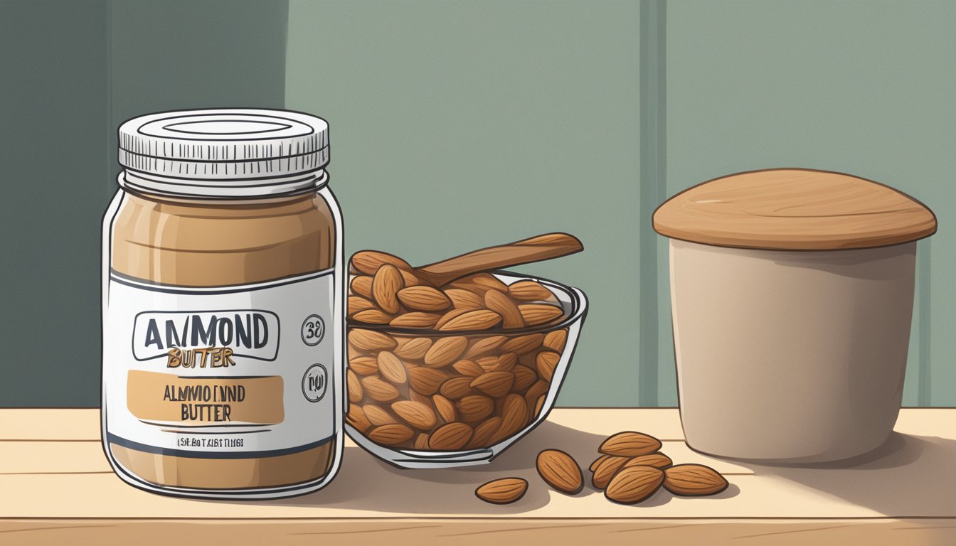 A jar of almond butter powder sits on a pantry shelf beside a calendar showing the current date. The jar is unopened and sealed with a label indicating the expiration date