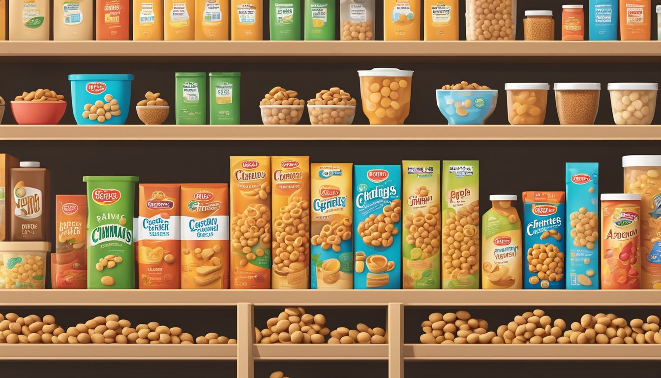 A pantry shelf with a neatly arranged box of Apple Cinnamon Cheerios, surrounded by other cereal boxes and containers of various sizes