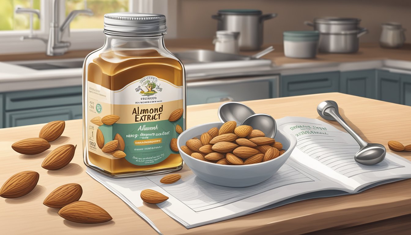 A bottle of almond extract sits on a clean, well-lit kitchen counter, surrounded by measuring spoons and a recipe book