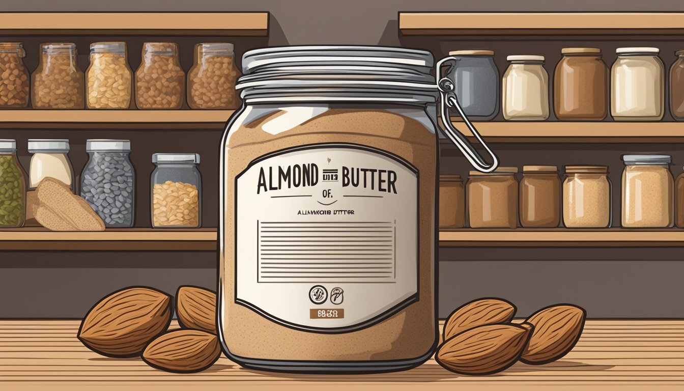 A jar of almond butter powder sits on a pantry shelf, surrounded by other dry goods. The label indicates the expiration date