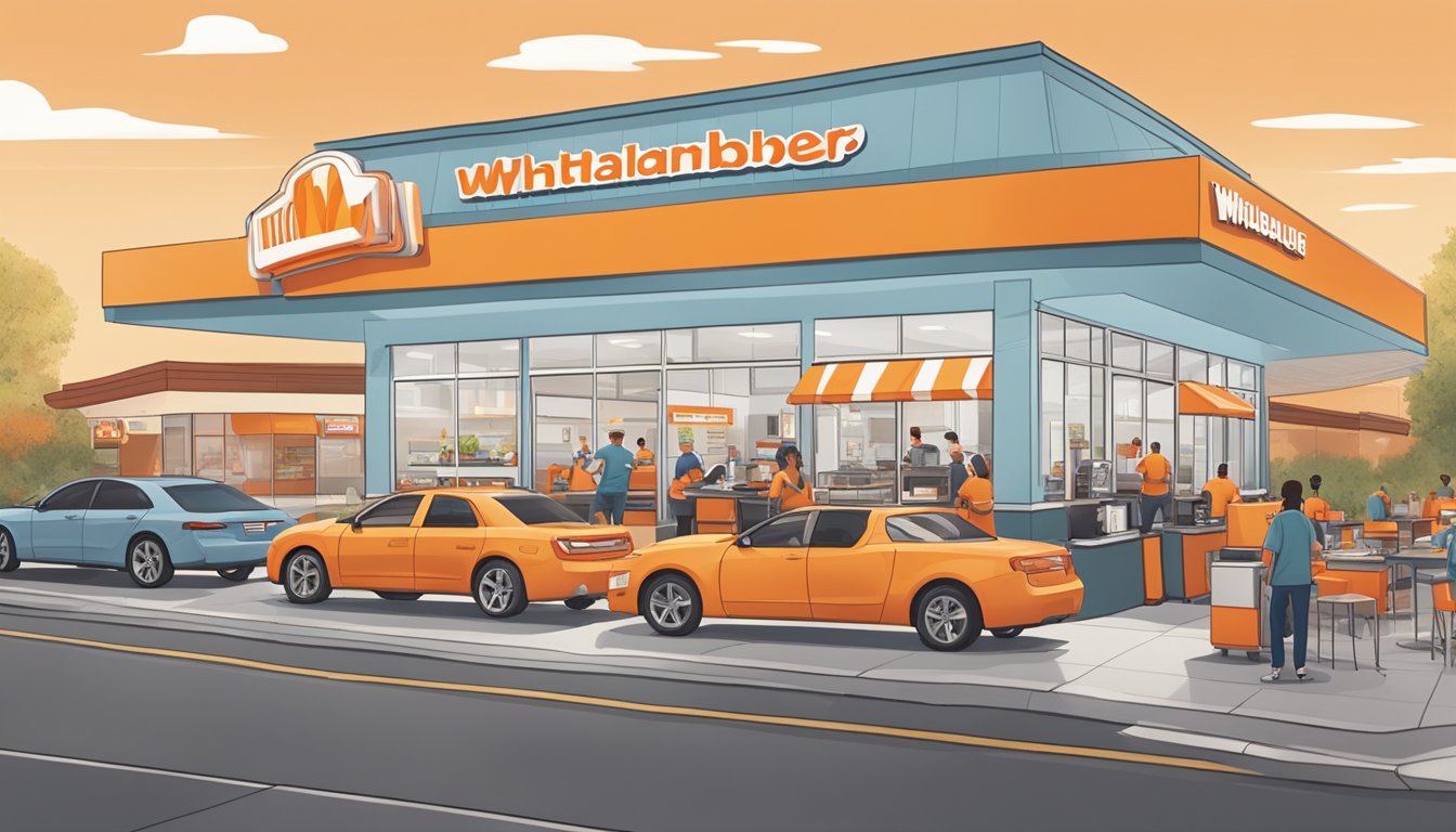 A bustling Whataburger restaurant with employees serving customers at the counter and in the drive-thru. Tables are filled with people enjoying their meals