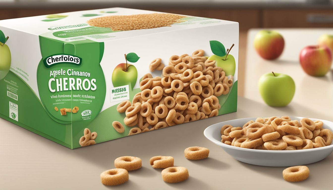 A box of Apple Cinnamon Cheerios with visible signs of spoilage, such as mold or a foul odor, sitting on a kitchen counter