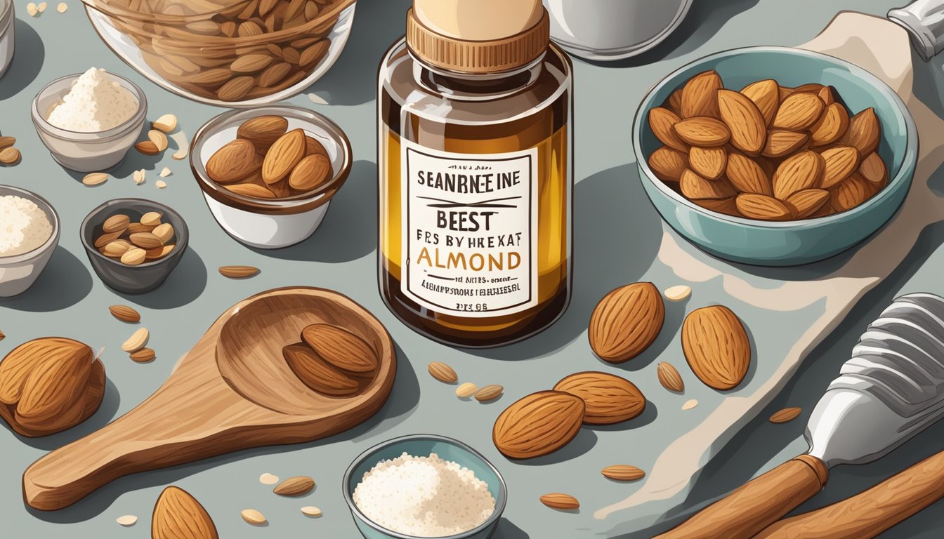 A bottle of almond extract with a "best by" date on the label, surrounded by various baking ingredients and utensils on a kitchen counter